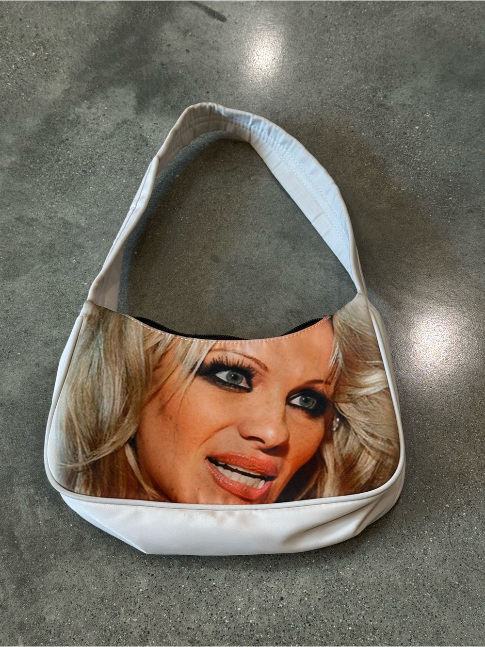 Praying Pam Anderson White Shoulder Bag with Photo Front Panel